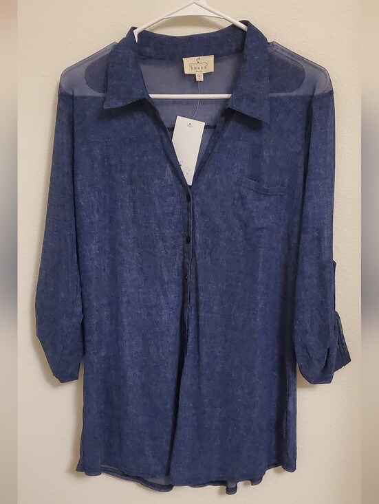 Ember Tops - Ember Missy Indigo Semi Sheer Button-Up Shirt Size XL
